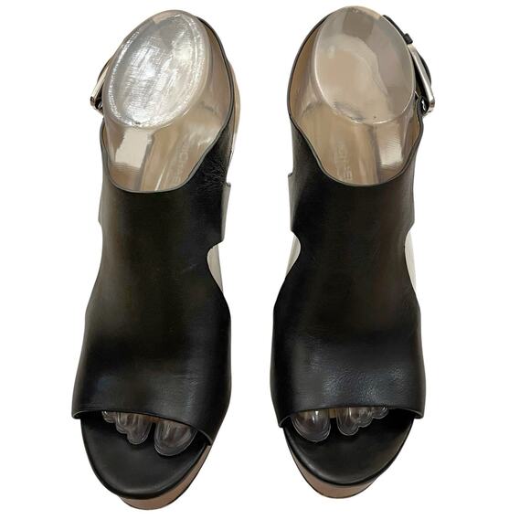 Michael Kors Josephine Wedge Sandals Size 7M Black Leather Wood Look Open Toe - Picture 2 of 12